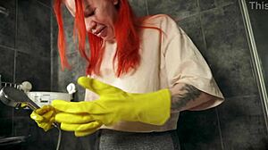 Pretty redhead moans as shower cleaning becomes rough doggystyle fuck