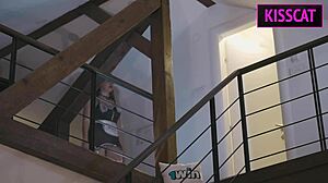 busty brunette maid in stockings bends over big cock for first day blowjob creampie punishment sex