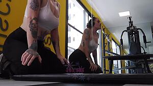 naughty blonde exhibitionist flashes cameltoe tits legs at gym workout