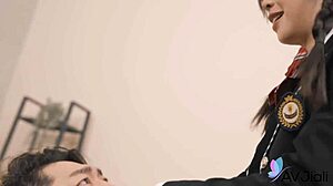 hey sexy chinese teen yuli looks hot in uniform riding her boyfriend cowgirl and doggystyle with those small shaved tits bouncing