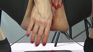 her beautiful big pussy glistens with strawberry close-up