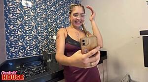 naughty wife cheats on cuck hubby via phone right in their home