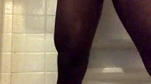 black dude strokes monster cock in homemade shower solo