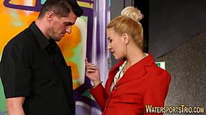 Clothed Slut Deepthroats Cock for Golden Shower Cumshot Spunk