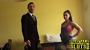 bound british sub in fishnets takes rough maledom pounding doggystyle deepthroat cum