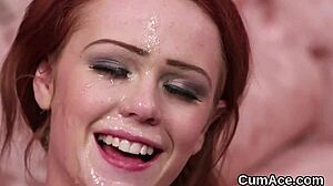 STUNNING BABE SUCKS SPERM FOR MESSY FACIAL CUMSHOT BLOWBANG