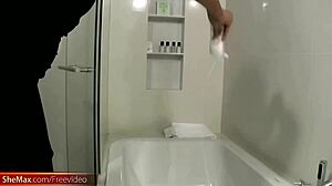 adorable ladyboy strips panties in shower baths and strokes her hard cock pov