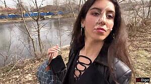 Teen sucks cock outdoors then walks park cumfaced in boots for shock