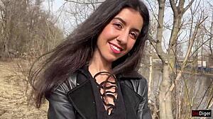 Teen sucks cock outdoors then walks park cumfaced in boots for shock