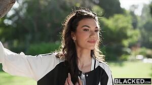 Blacked Brunette Sawyer Cassidy Spit-Roasted Bent Over by Two Monster BBCs in MMF