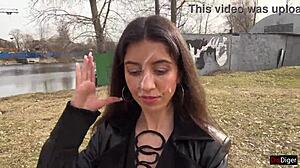 Teen sucks cock outdoors then walks park cumfaced in boots for shock