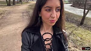 Teen sucks cock outdoors then walks park cumfaced in boots for shock