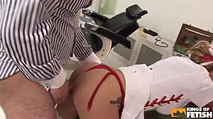 doctor drills pierced nurse pussy while busty patient rides in steamy threesome