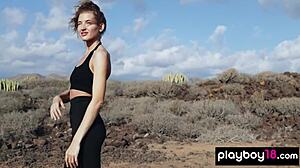 gorgeous brunette taya vais strips naked revealing perfect natural tits desert