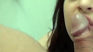 Brunette babe bends over in public restroom for pov blowjob then hard anal assfucking