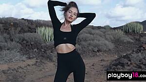 gorgeous brunette taya vais strips naked revealing perfect natural tits desert