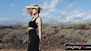 gorgeous brunette taya vais strips naked revealing perfect natural tits desert