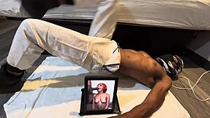 Watch this muscular college bodybuilder keep abs tight while exotic ladies crave his california workout cock