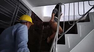 sexy engineer on my roof sees me naked horny invites him to fuck near tools part 1