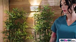 petite blonde masseuse straps on for anal fucking busty co-owner