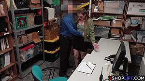 Sexy shoplifter teen caught stripping by security guy turns submissive fuck in backroom reality bust