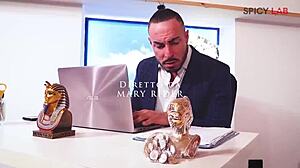 Italian scout interviews busty milf Julia North turning lingerie tease into office creampie spooning