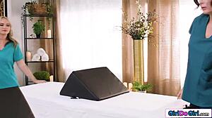 petite blonde masseuse straps on for anal fucking busty co-owner