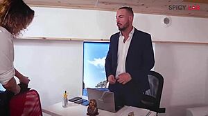 Italian scout interviews busty milf Julia North turning lingerie tease into office creampie spooning