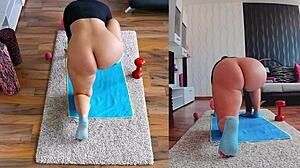 curvy milf spreads fat ass and asshole during naked yoga workout on dual cam