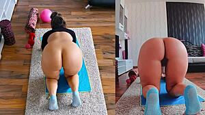 curvy milf spreads fat ass and asshole during naked yoga workout on dual cam