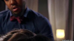 Hairy beauty contrasts huge interracial gangbang cocks wildly