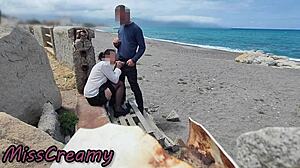 Out on the beach stocking teacher flashes dick for risky blowjob with student almost caught by misscreamy.
