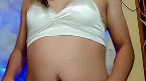 transsexual in pajamas strokes cock ready to cum!