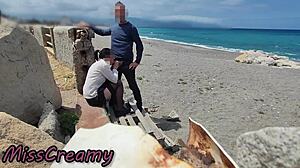 Out on the beach stocking teacher flashes dick for risky blowjob with student almost caught by misscreamy.