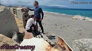 Out on the beach stocking teacher flashes dick for risky blowjob with student almost caught by misscreamy.