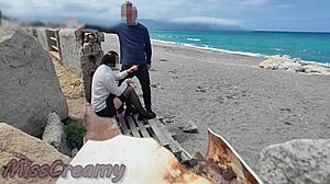 Out on the beach stocking teacher flashes dick for risky blowjob with student almost caught by misscreamy.