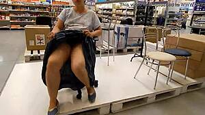 hairy mature flashes chubby pussy upskirt in public shop outdoor