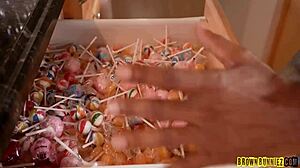 skyla sun goes wild skeeting on that hard chocolate bar during halloween with deepthroat and facial finish