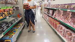 hairy mature flashes chubby pussy upskirt in public shop outdoor