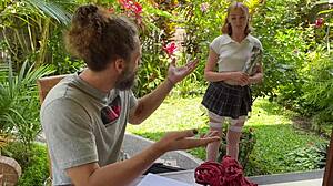 Tied babe teases with her eager mouth play