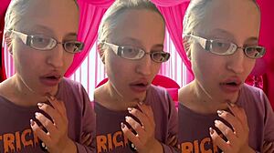 ASMR artist bursts bubblegum bubbles for headphone listeners with glasses