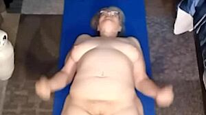 mature bombshell stretches naked in yoga then explodes in masturbation bliss