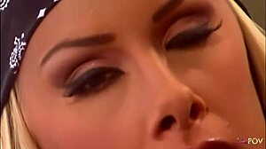 these lewd blondes with big tits lick shaved pussies in the bath then strap on dildo fuck