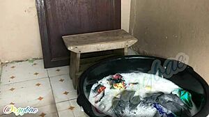 housewife folding laundry at home flashes her smooth shaved pussy on weekend vibes