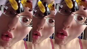 tall huge glasses fetish girl fucks with food sounds