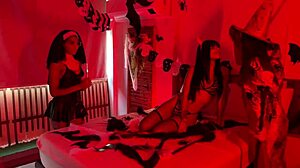 lesbian quartet fingers squirt kiss on halloween party