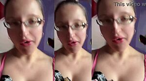 tall huge glasses fetish girl fucks with food sounds