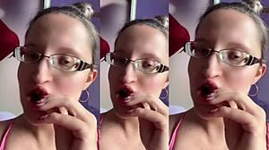 tall huge glasses fetish girl fucks with food sounds