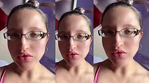 tall huge glasses fetish girl fucks with food sounds