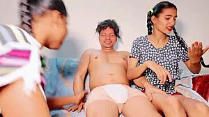 stepmom catches daughter with boyfriend and demands threesome fuck right there on video